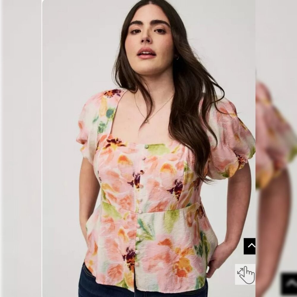 Torride Peplum Square Neck Puff Sleeve Top Watercolor Floral Sz 3X Pastels